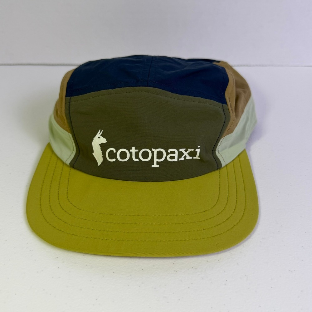 Cotopaxi 5 Panel Tech Hat Colorblock Green Blue Adjustable Llama Logo Cap